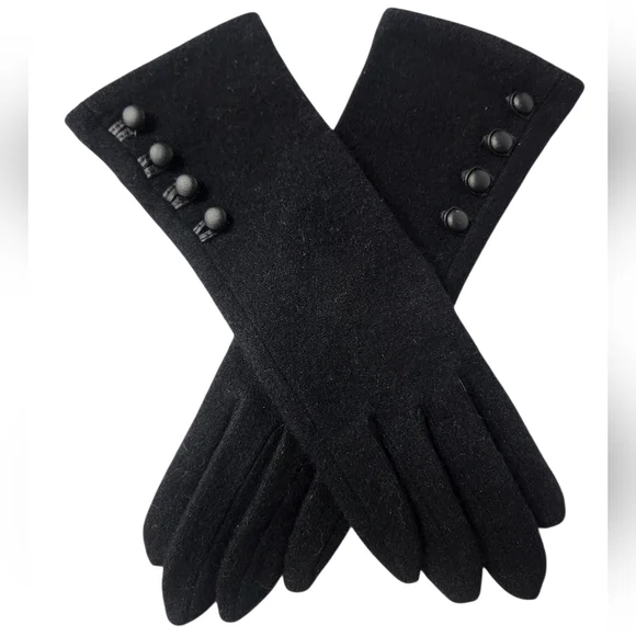 Lauren Ralph Lauren Wool & Cashmere Black Gloves with Button Detail Size Small